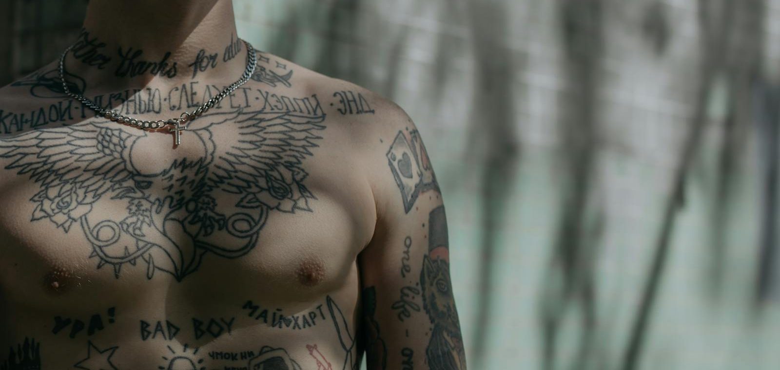Detailed close-up of a tattooed male torso with varied designs, captured in soft shadowed lighting.