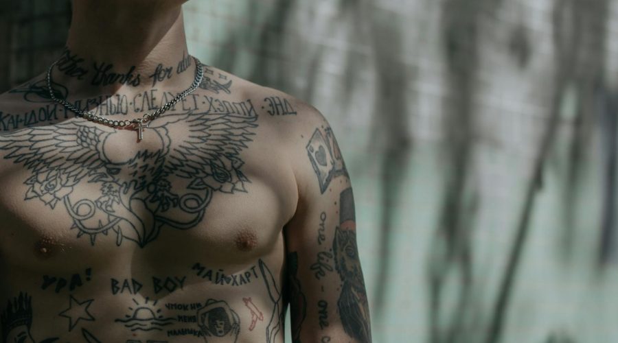 Detailed close-up of a tattooed male torso with varied designs, captured in soft shadowed lighting.